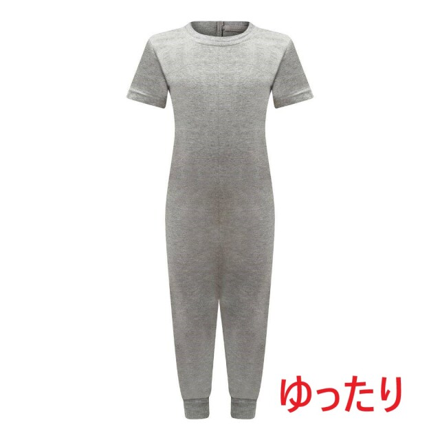 オムツいじり対策用つなぎパジャマ。障害児むけ介護用子供服。半袖長ズボン、グレー。