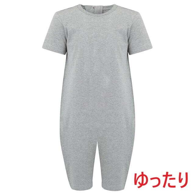 オムツいじり対策用つなぎパジャマ。障害児むけ介護用子供服。半袖半ズボン、グレー。